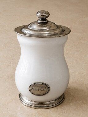 Arte Italica Lucchero White Ceramic Sugar Canister Pewter Lid Made in Italy 9"
